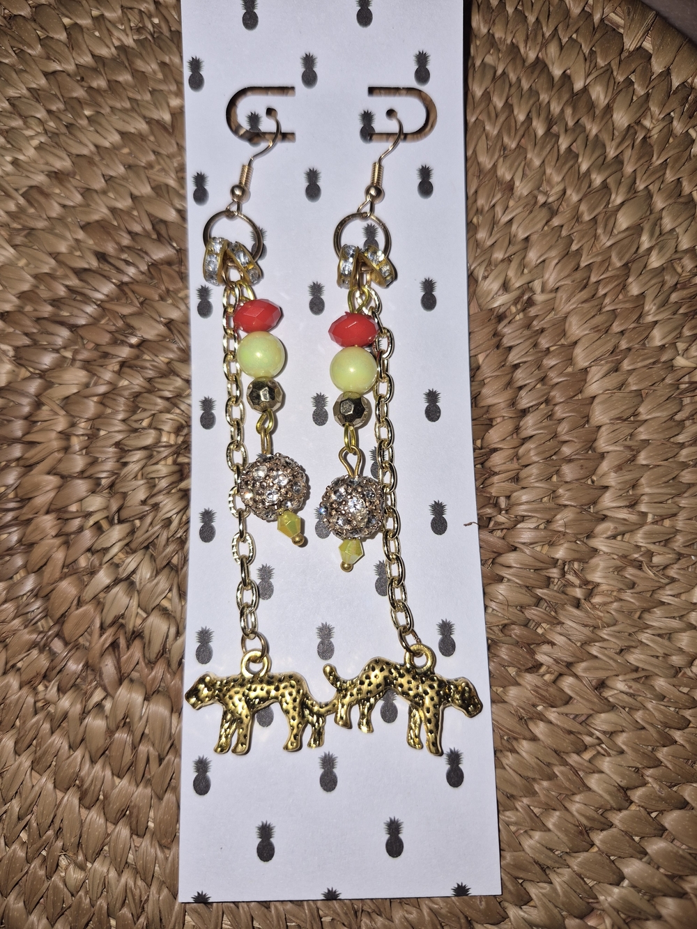 Gold Leopard Dangle Earrings with Red and Yellow Beads
